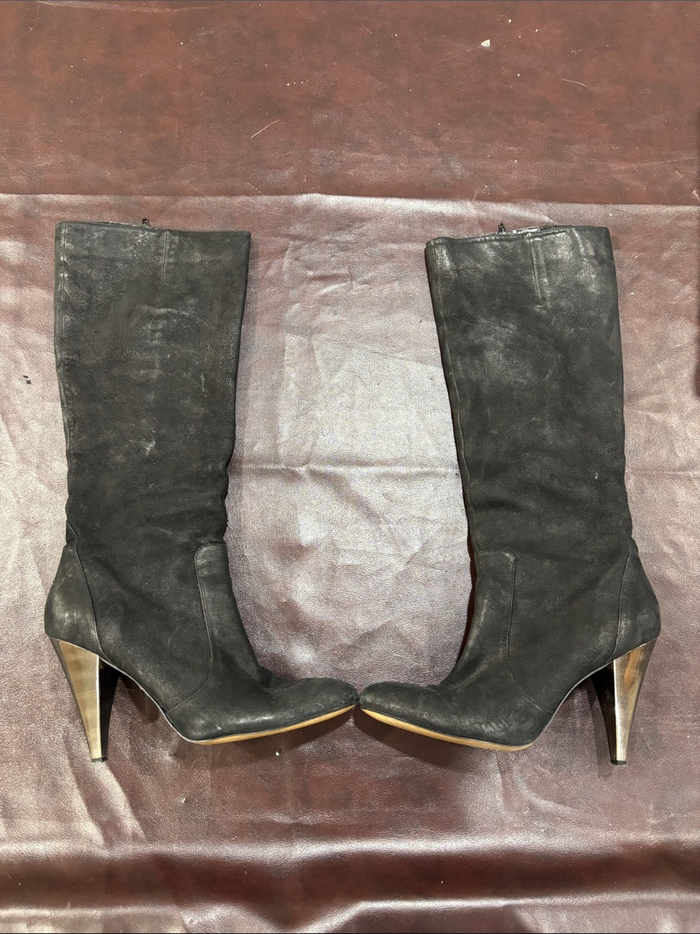 Nine West Black Knee-High Suede Heeled Boots with Metallic Heel